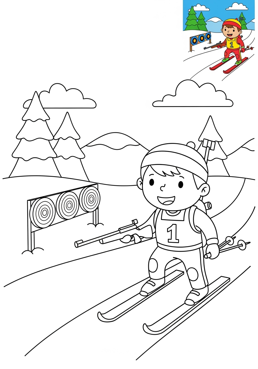 easy sports and activities Winter Sports biathlon kids coloring page 1