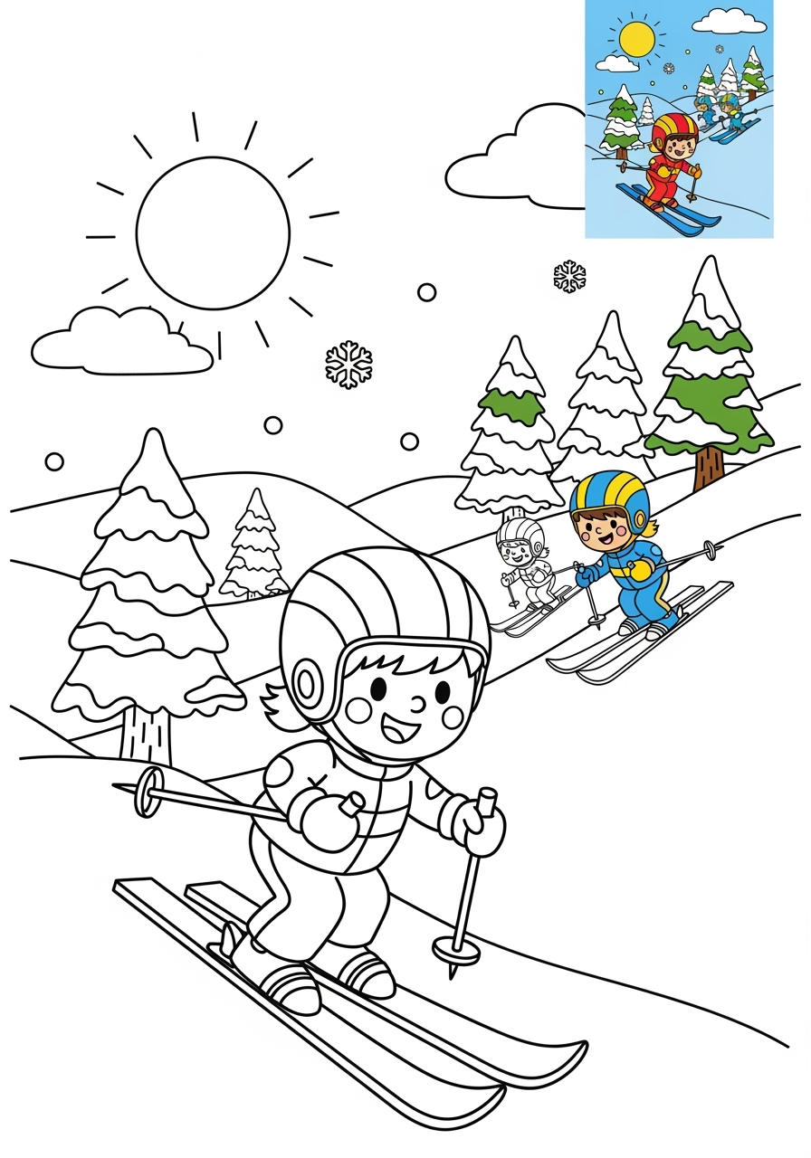 easy sports and activities Winter Sports skiing kids coloring page 0
