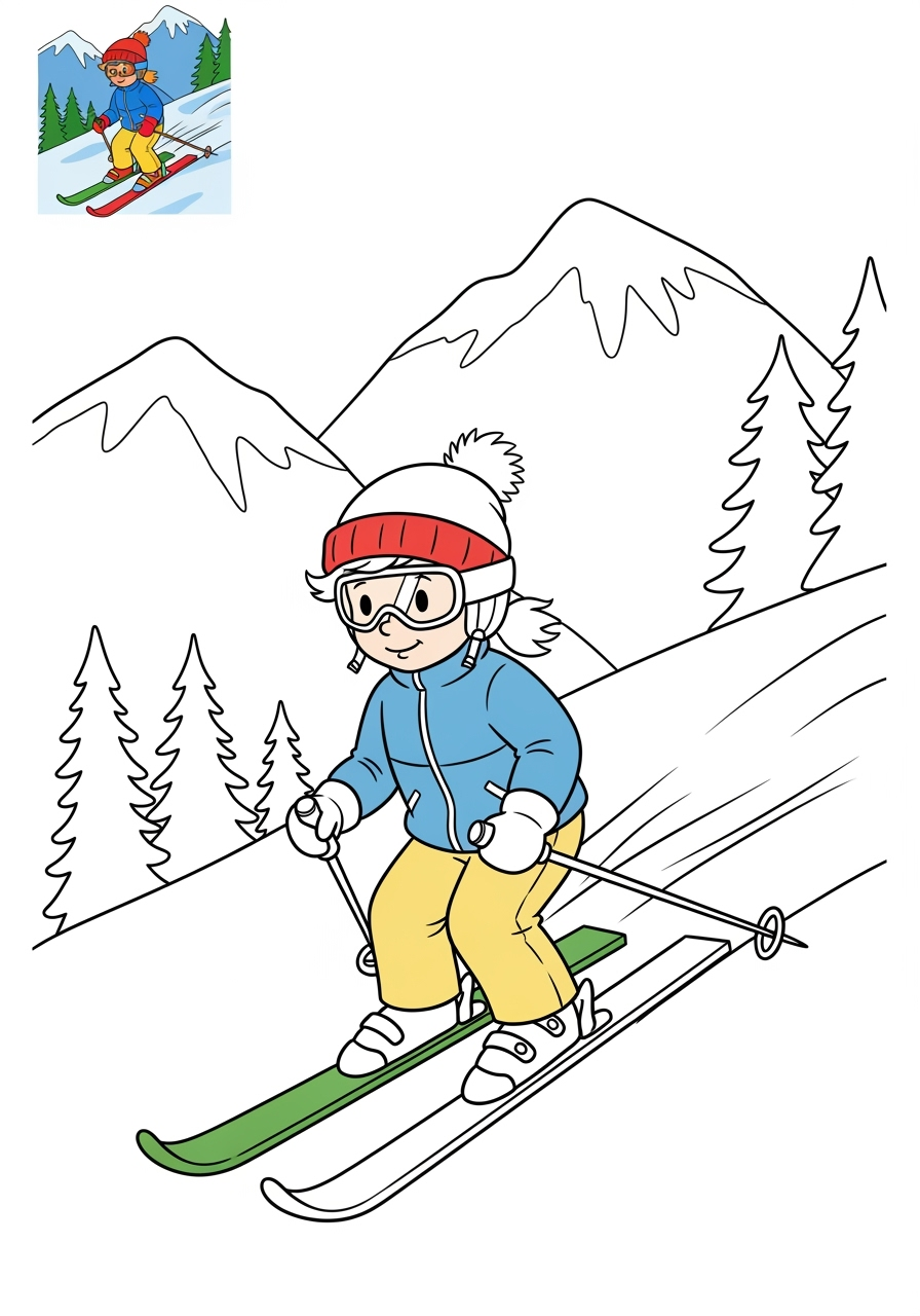 easy sports and activities Winter Sports skiing kids coloring page 1