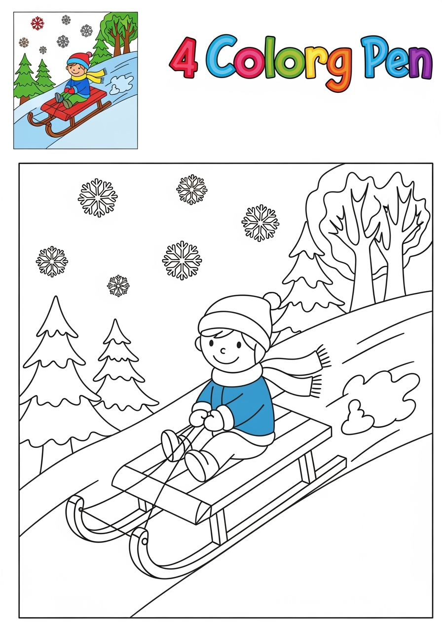 easy sports and activities Winter Sports sledding kids coloring page 0