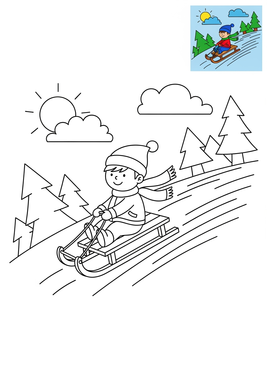 easy sports and activities Winter Sports sledding kids coloring page 1