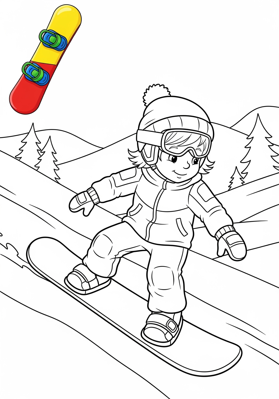 easy sports and activities Winter Sports snowboarding kids coloring page 1