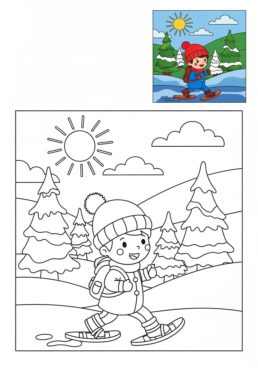 easy sports and activities Winter Sports snowshoeing kids coloring page 0