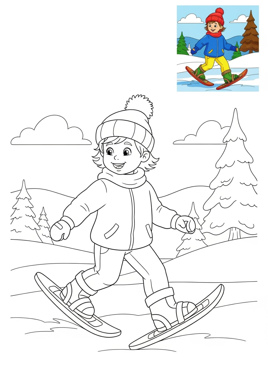 easy sports and activities Winter Sports snowshoeing kids coloring page 1