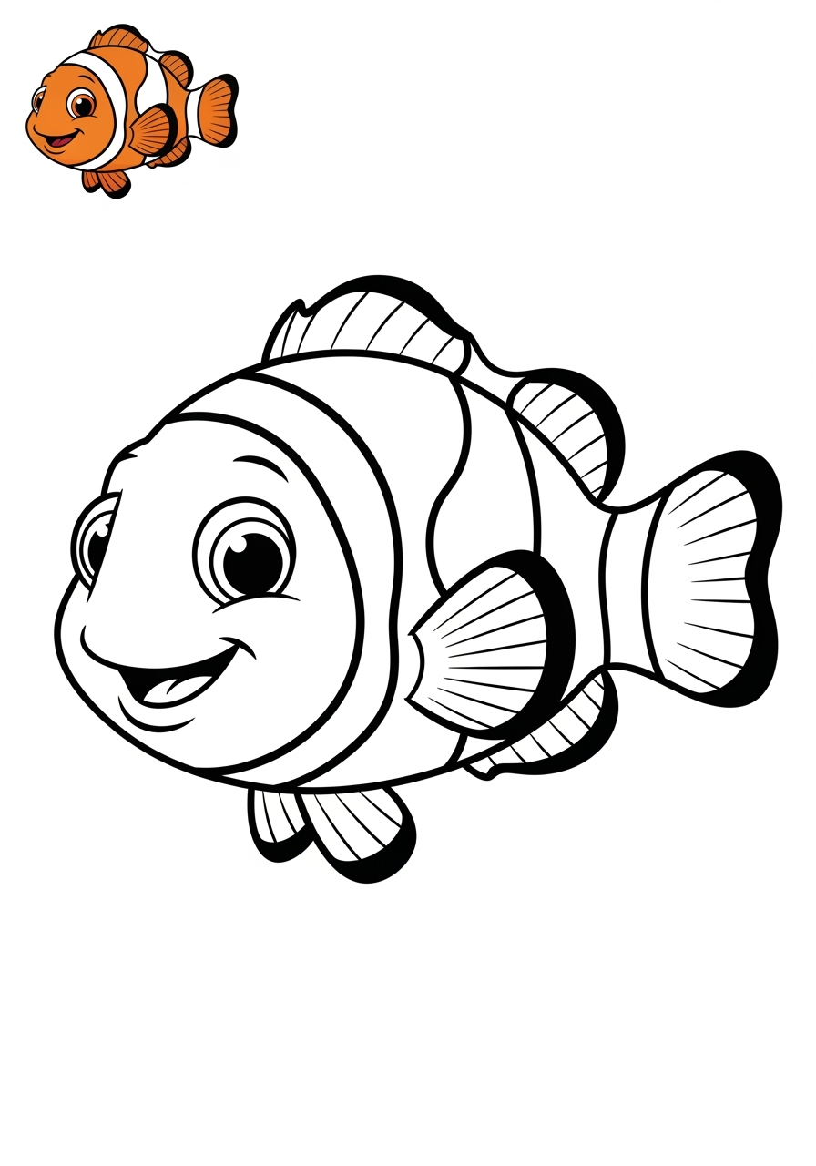 easy underwater and ocean Sea Creatures clownfish kids coloring page 1