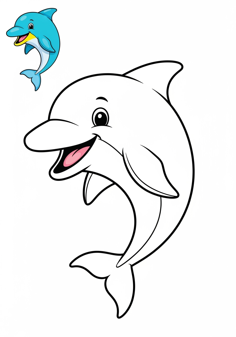 easy underwater and ocean Sea Creatures dolphin kids coloring page 1