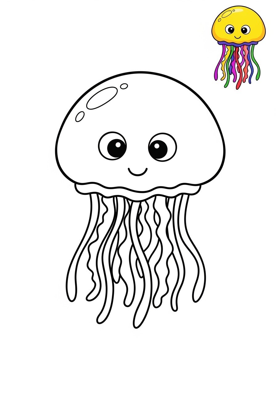 easy underwater and ocean Sea Creatures jellyfish kids coloring page 0