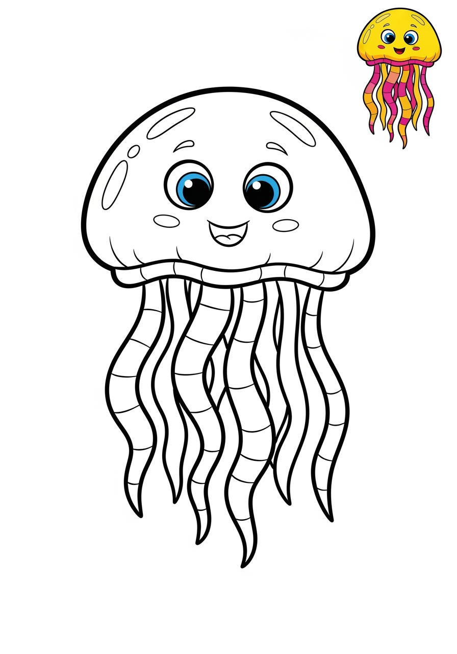 easy underwater and ocean Sea Creatures jellyfish kids coloring page 1
