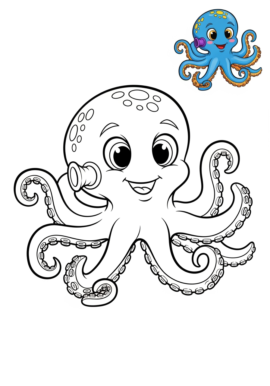 easy underwater and ocean Sea Creatures octopus kids coloring page 1