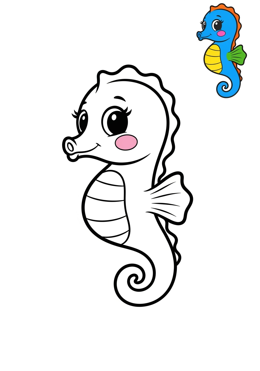 easy underwater and ocean Sea Creatures seahorse kids coloring page 1