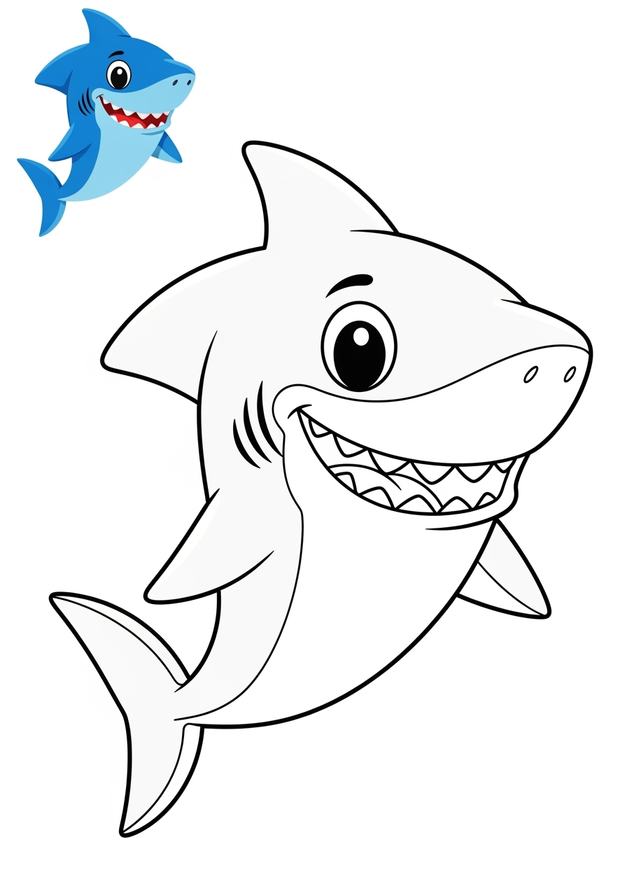 easy underwater and ocean Sea Creatures shark kids coloring page 1