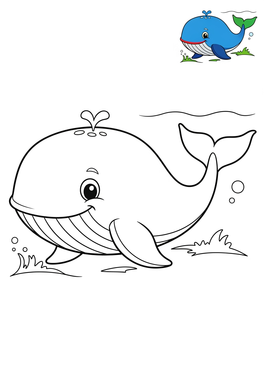 easy underwater and ocean Sea Creatures whale kids coloring page 0