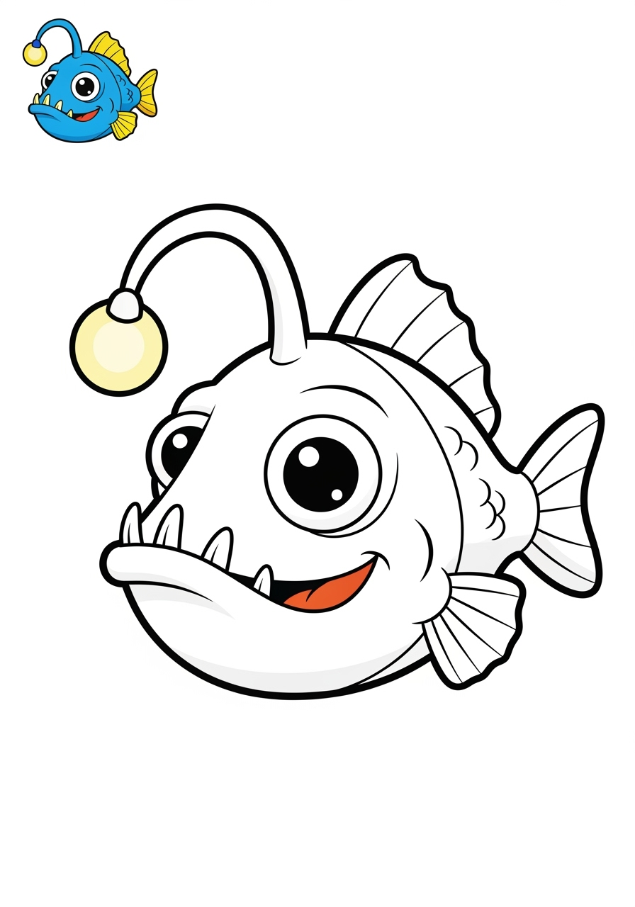 easy underwater and ocean Ocean Scenes anglerfish kids coloring page 0