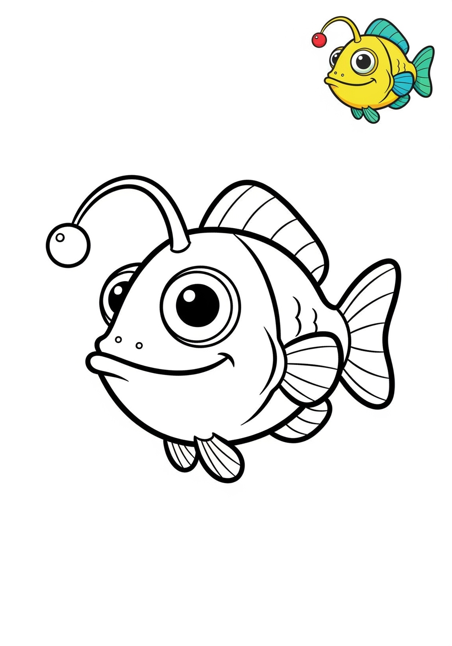 easy underwater and ocean Ocean Scenes anglerfish kids coloring page 1