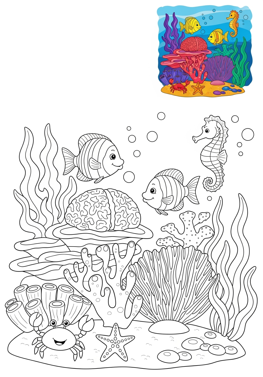 easy underwater and ocean Ocean Scenes coral reef kids coloring page 0
