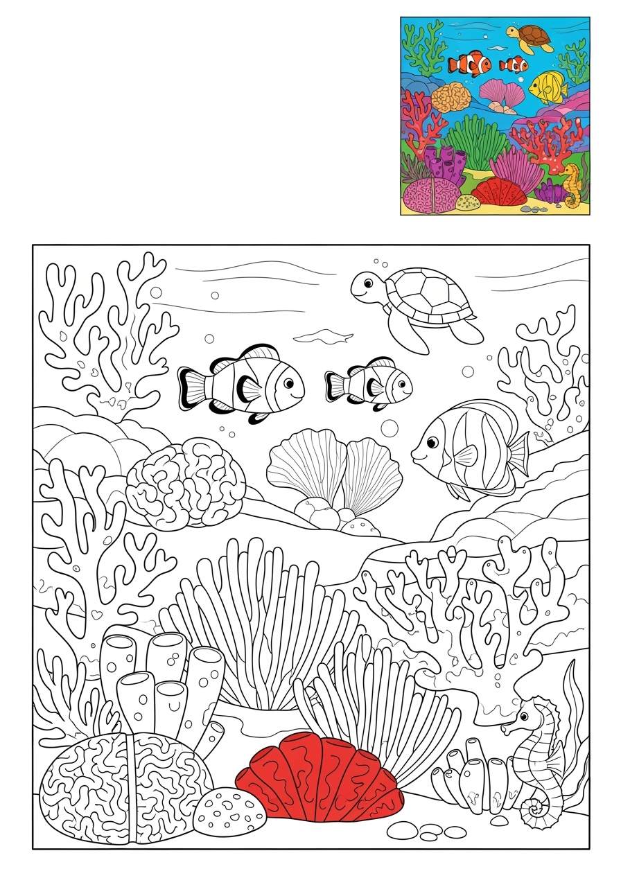easy underwater and ocean Ocean Scenes coral reef kids coloring page 1