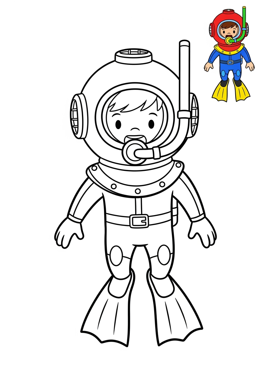 easy underwater and ocean Ocean Scenes diver kids coloring page 0
