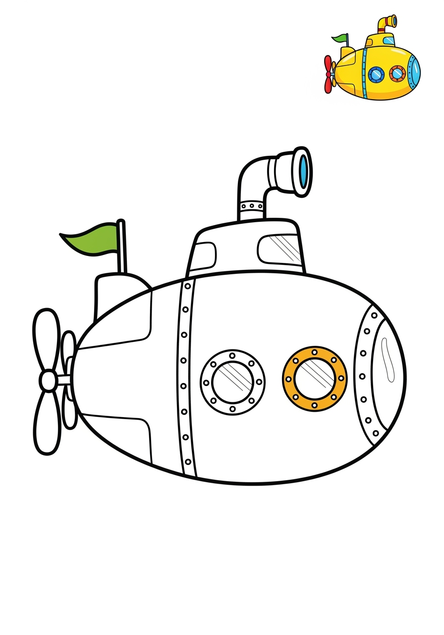 easy underwater and ocean Ocean Scenes submarine kids coloring page 0