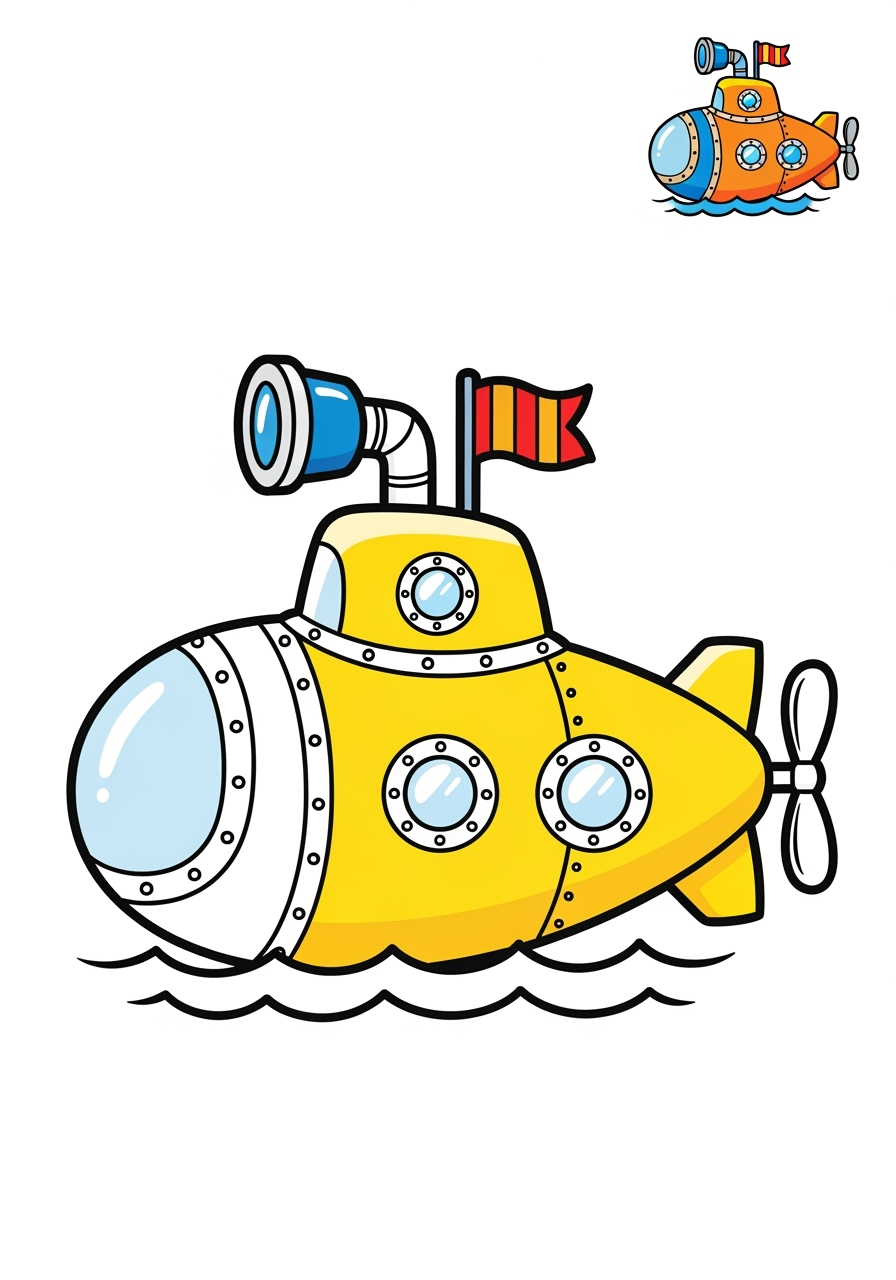 easy underwater and ocean Ocean Scenes submarine kids coloring page 1