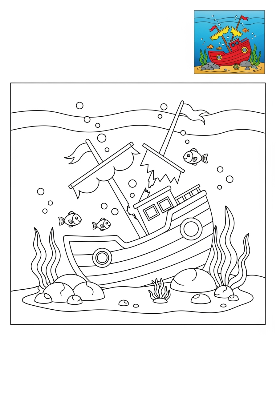 easy underwater and ocean Ocean Scenes sunken ship kids coloring page 0