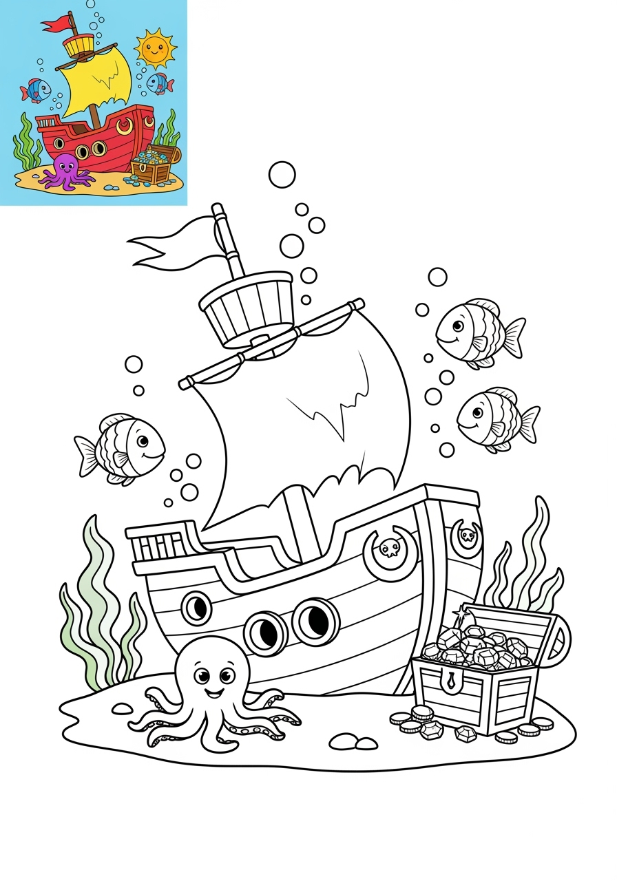 easy underwater and ocean Ocean Scenes sunken ship kids coloring page 1