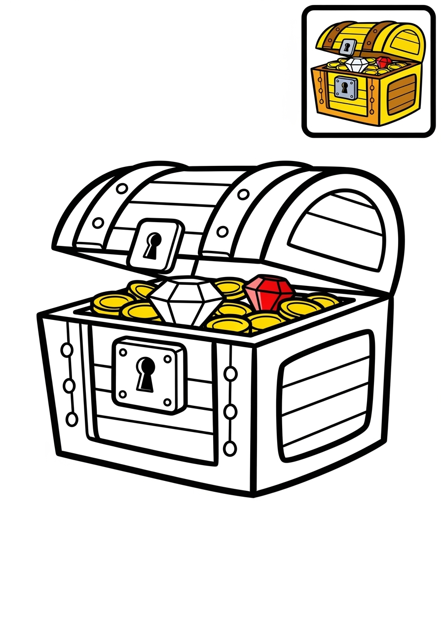 easy underwater and ocean Ocean Scenes treasure chest kids coloring page 1