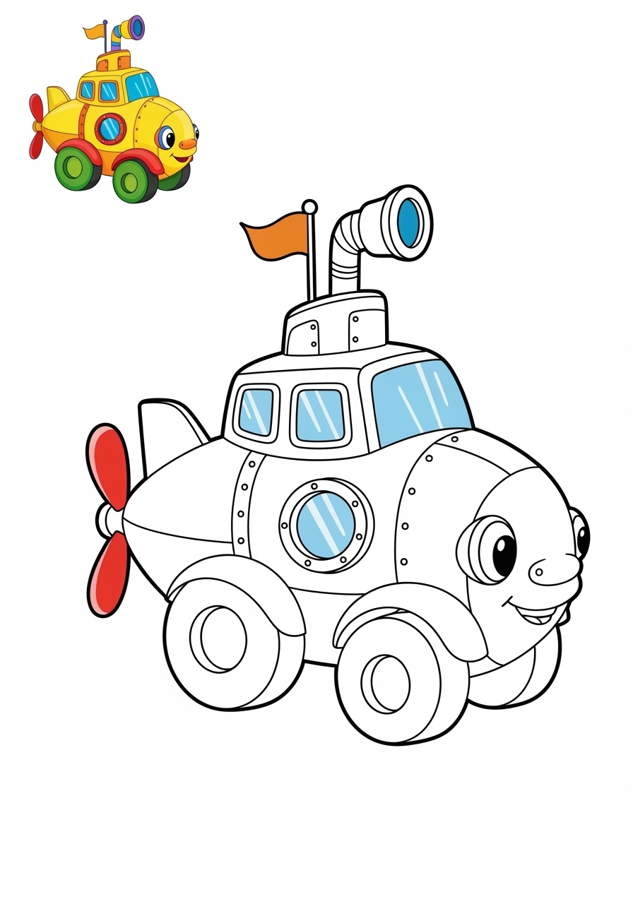 easy vehicles Fantasy Vehicles submarine car kids coloring page 0
