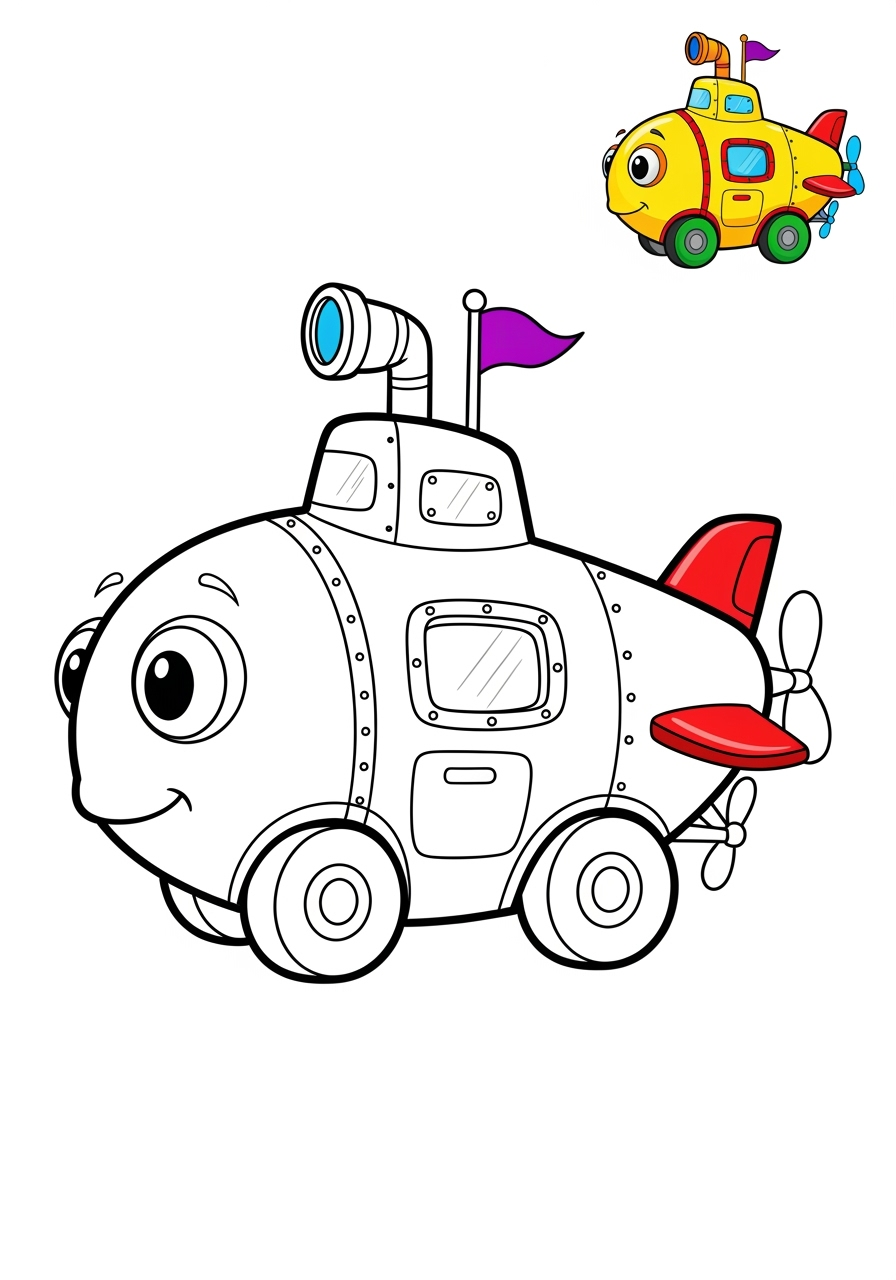 easy vehicles Fantasy Vehicles submarine car kids coloring page 1