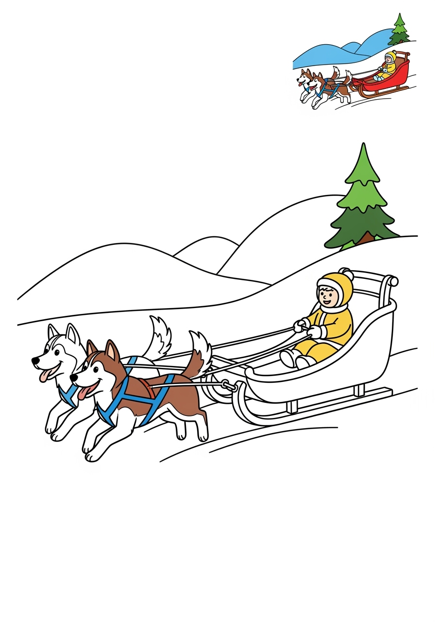 easy vehicles Special Vehicles dog sled kids coloring page 0