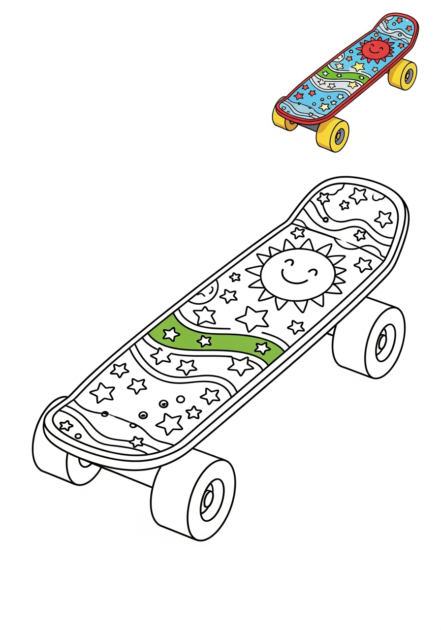 easy vehicles Special Vehicles skateboard kids coloring page 1