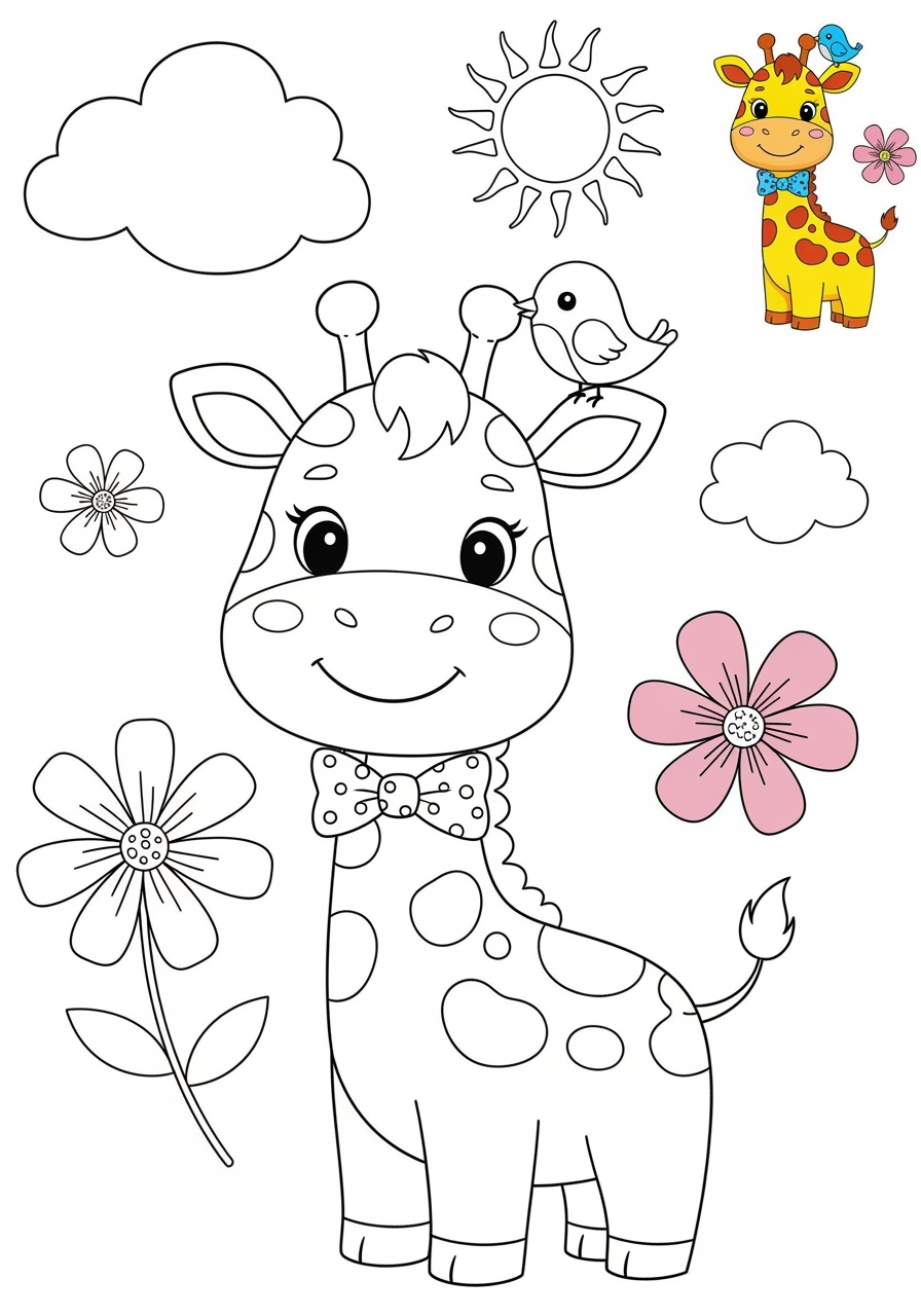 medium animals Mammals (Common) giraffe kids coloring page 1