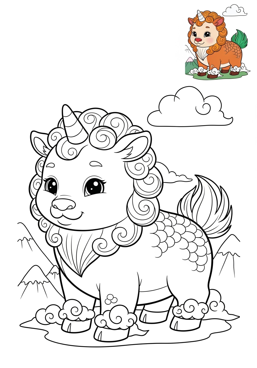 medium animals 伝説の生き物 qilin kids coloring page 1