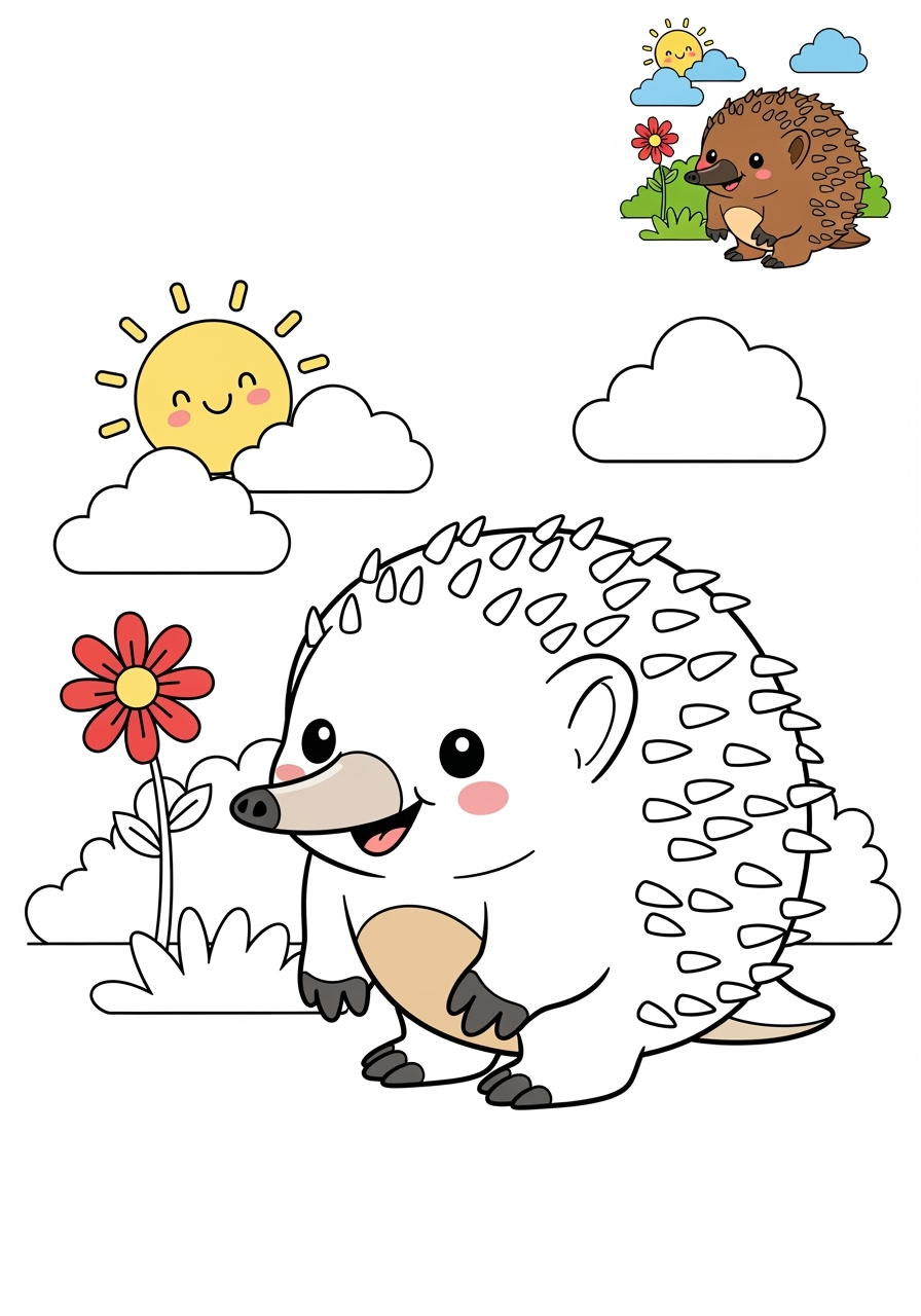 medium animals Australian & Unique echidna kids coloring page 0