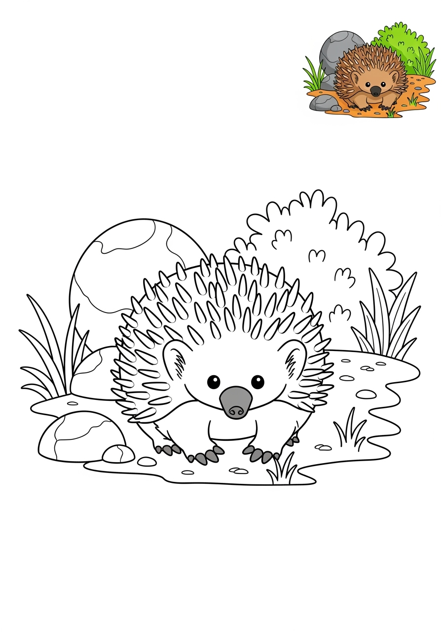 medium animals Australian & Unique echidna kids coloring page 1