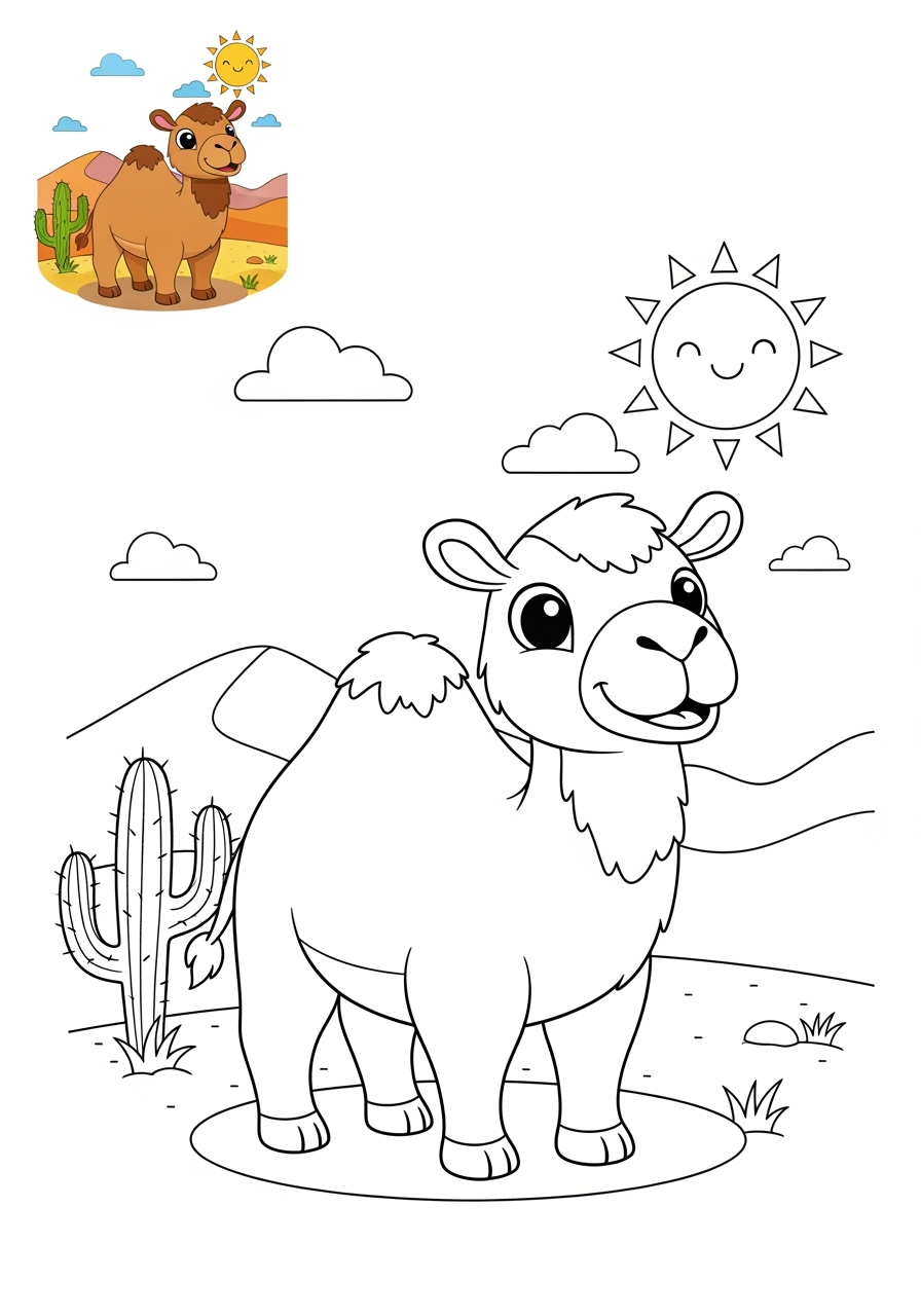 medium animals 사막 및 산지 camel kids coloring page 0
