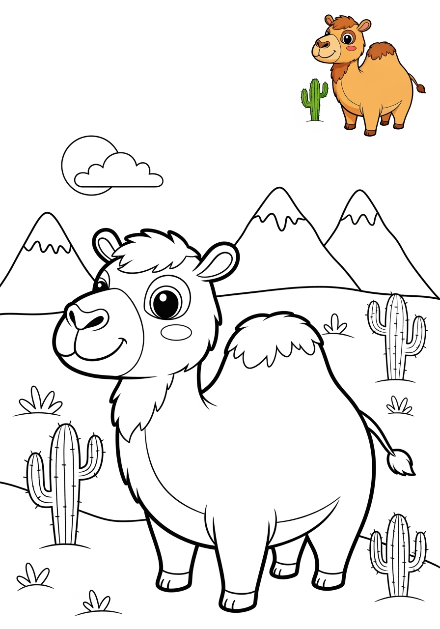 medium animals 사막 및 산지 camel kids coloring page 1