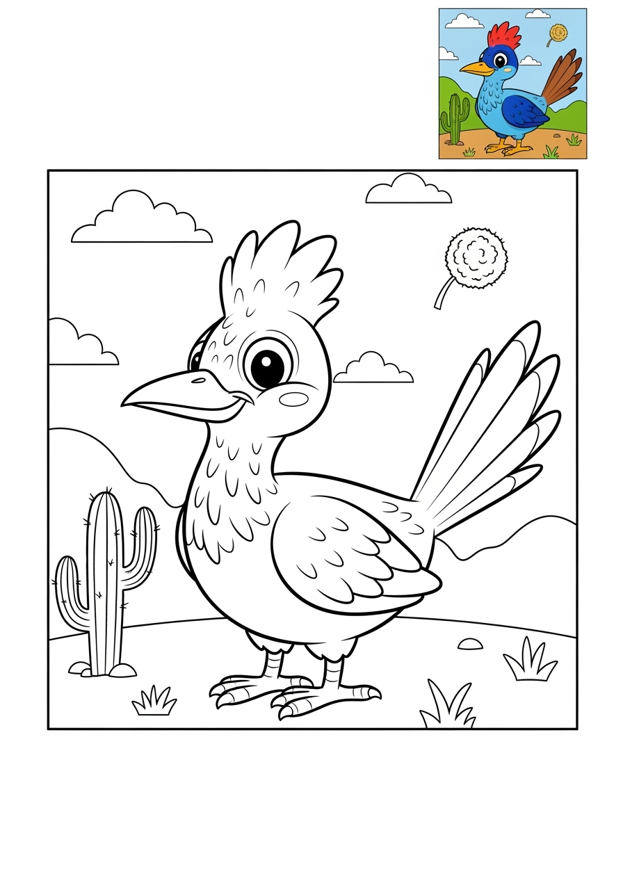 medium animals 사막 및 산지 roadrunner kids coloring page 0