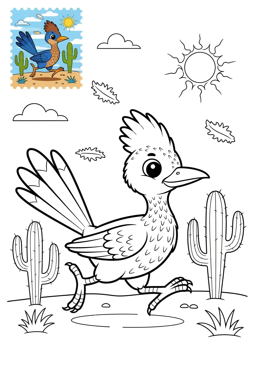 medium animals 사막 및 산지 roadrunner kids coloring page 1