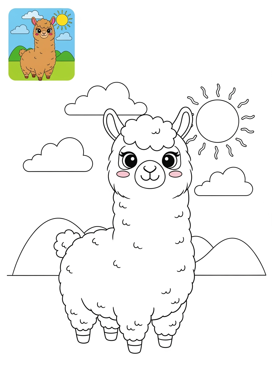 medium animals Farmyard Friends alpaca kids coloring page 0