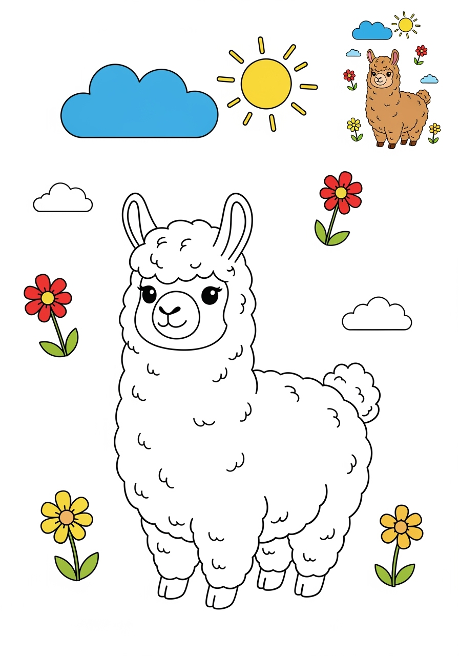 medium animals Farmyard Friends alpaca kids coloring page 1