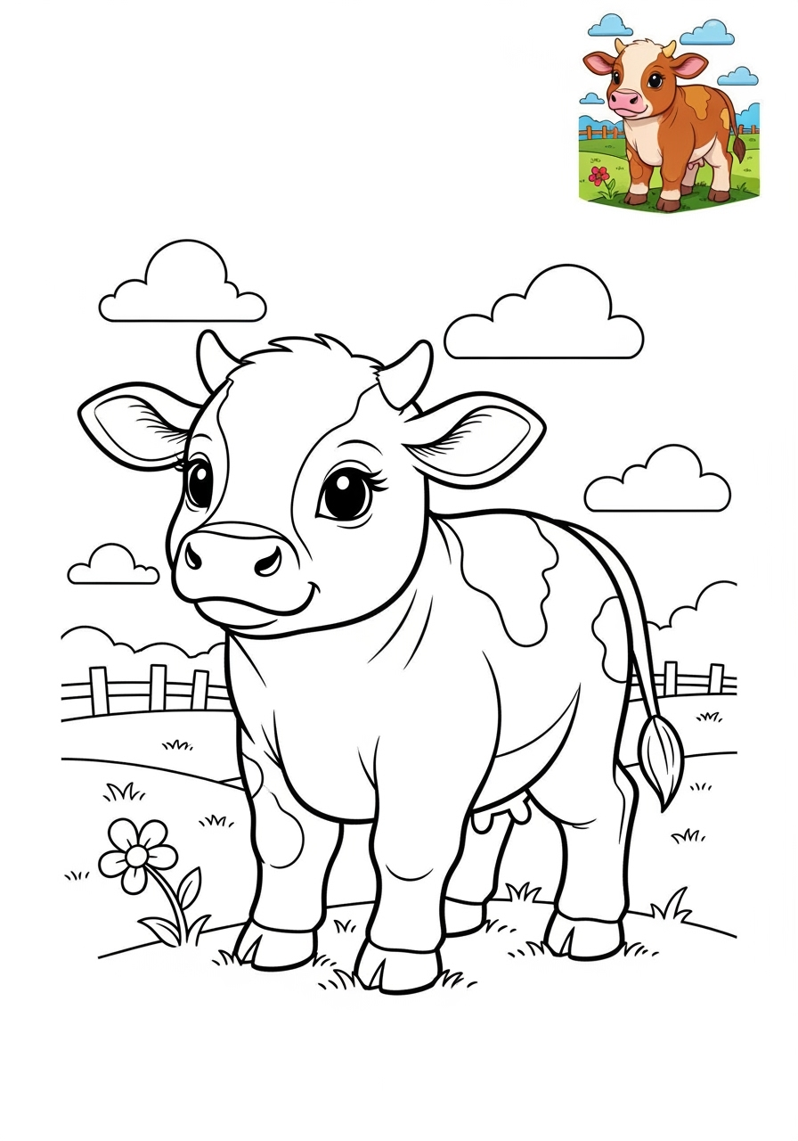 medium animals Farmyard Friends calf kids coloring page 1