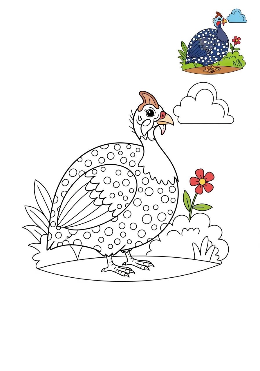 medium animals Farmyard Friends guinea fowl kids coloring page 1