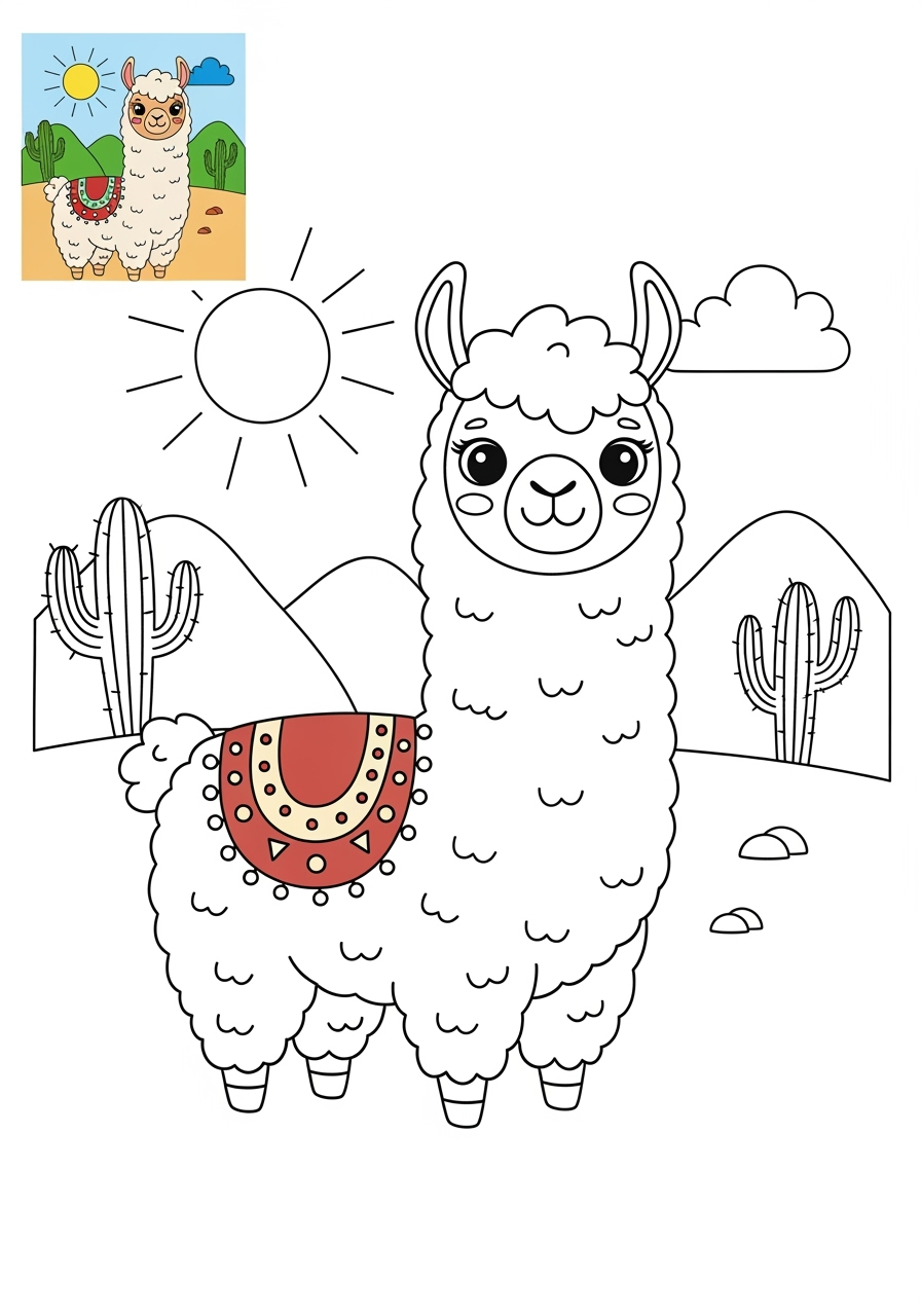 medium animals Farmyard Friends llama kids coloring page 1