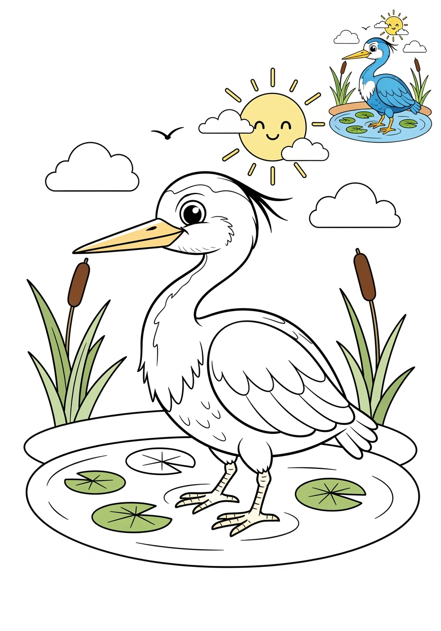 medium animals River & Wetland heron kids coloring page 1