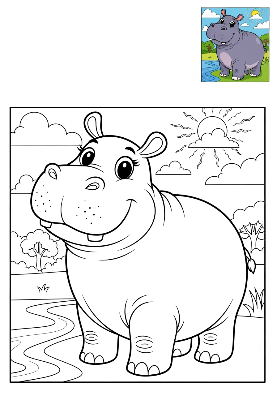 medium animals River & Wetland hippopotamus kids coloring page 0