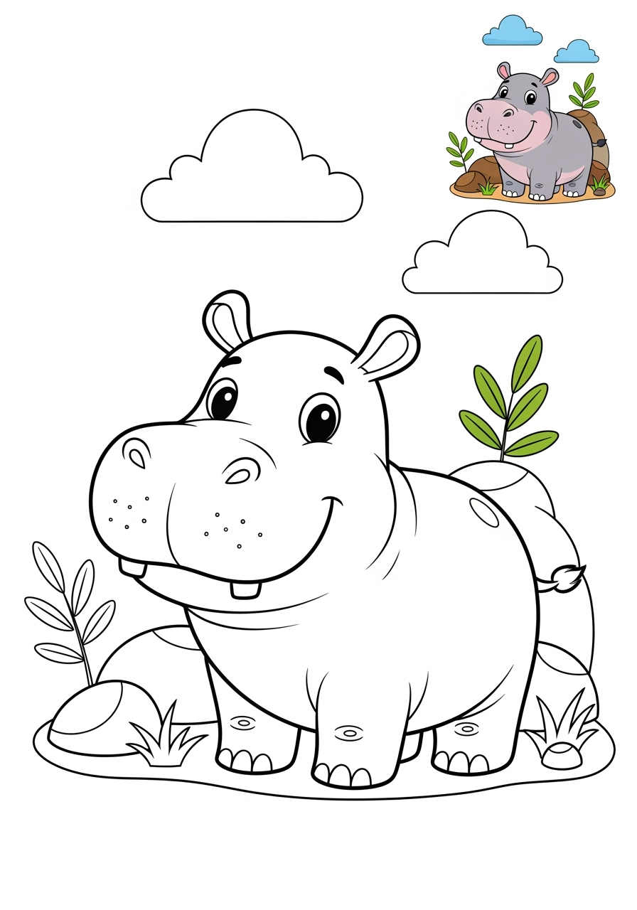 medium animals River & Wetland hippopotamus kids coloring page 1