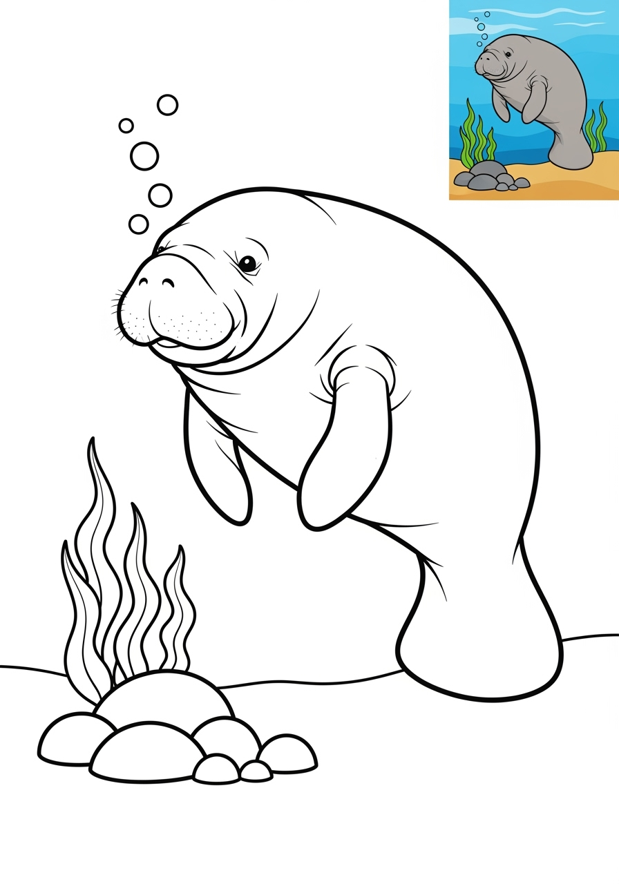 medium animals River & Wetland manatee kids coloring page 1