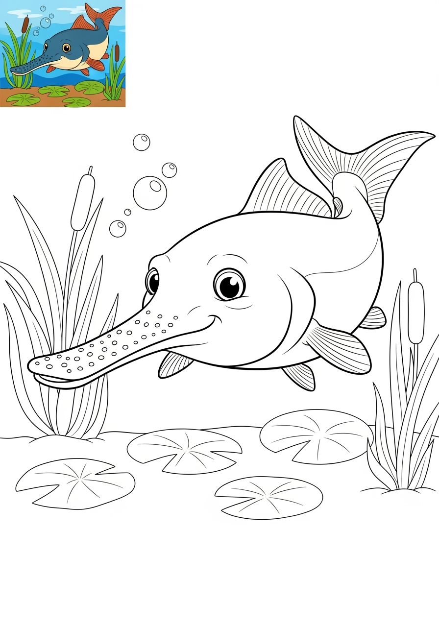medium animals River & Wetland paddlefish kids coloring page 1