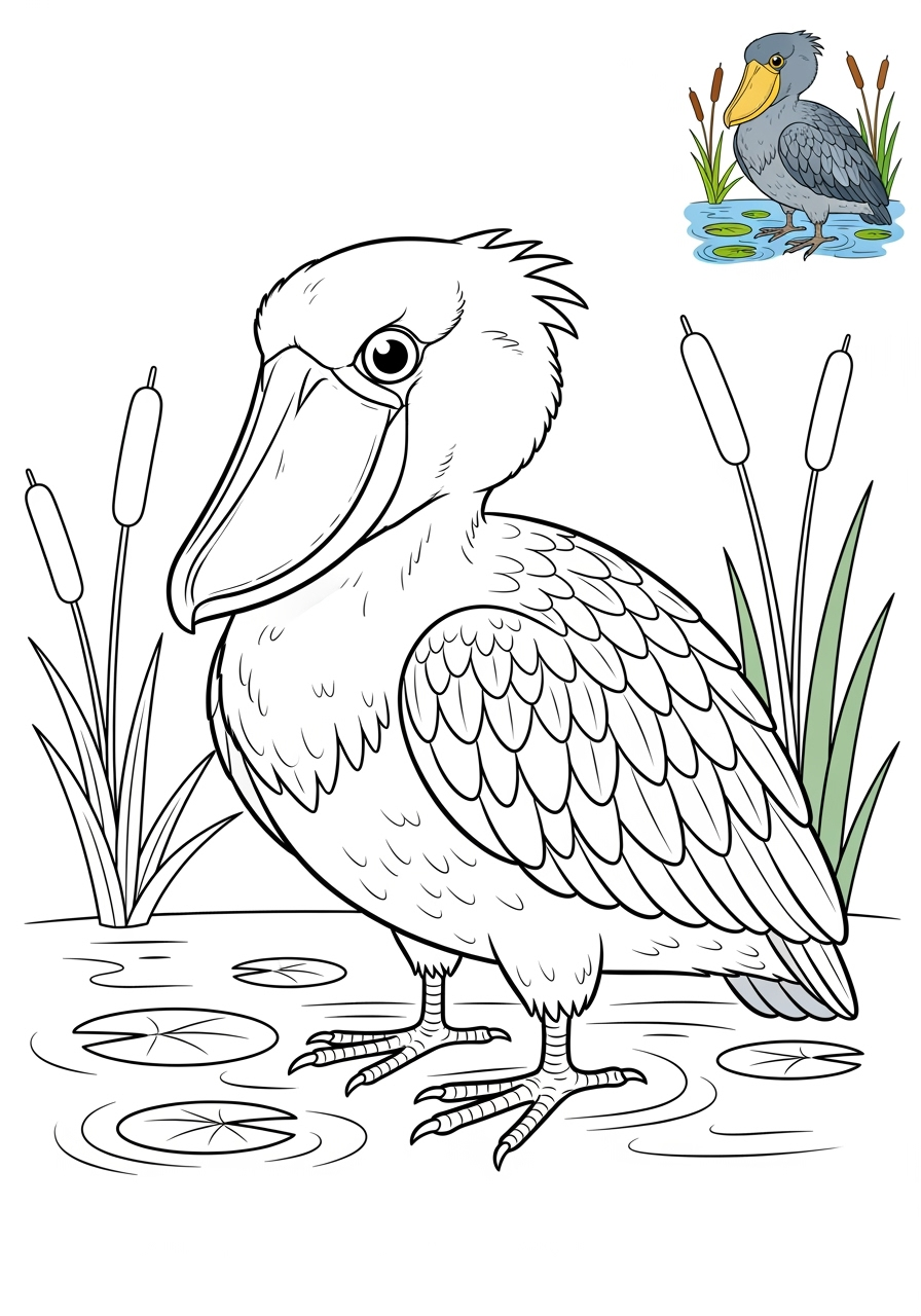 medium animals River & Wetland shoebill kids coloring page 1