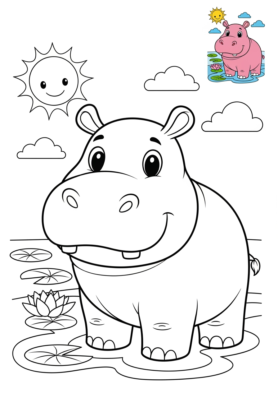 medium animals Mammals (Forest/Farm) hippo kids coloring page 0